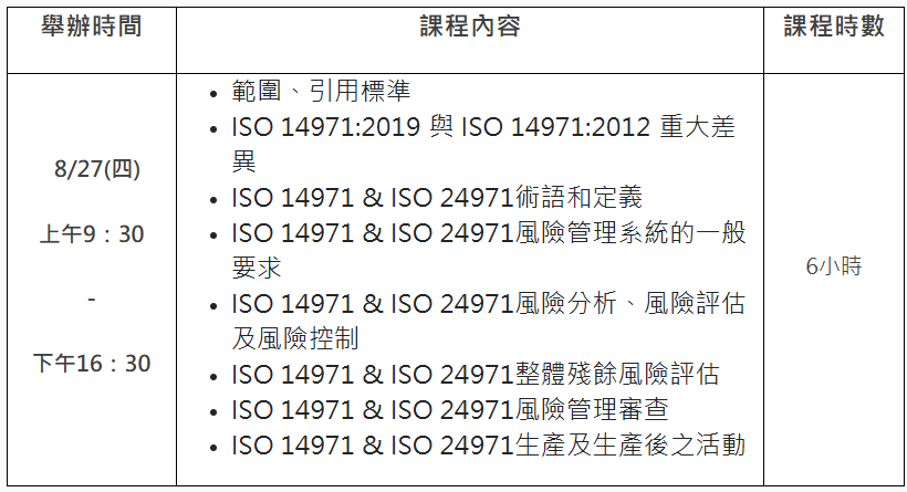 醫療器材ISO14971與ISO 24971風險管理課程 醫療器材ISO14971與ISO 24971風險管理課程